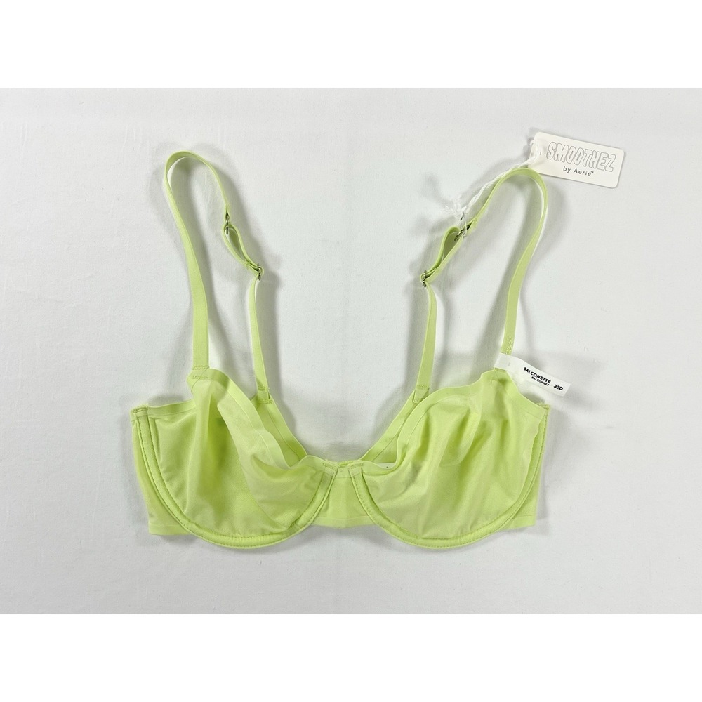 New Aerie Smoothez Sheer Mesh Unlined Balconette Underwire Bra Neon Green 32D
